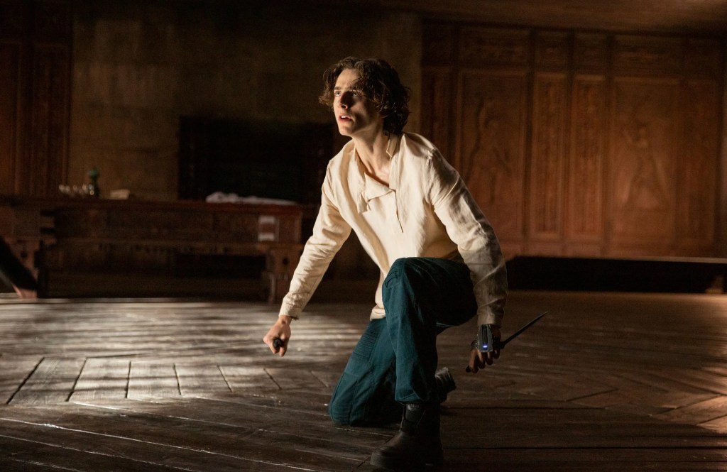 Timothée Chalamet kneeling with a dagger in a dark, wood-panelled hall in Dune (2021).