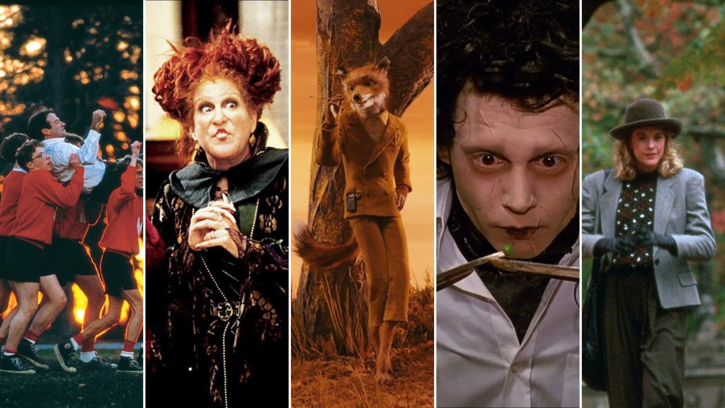 Collage of scenes from Dead Poets Society, Hocus Pocus, Fantastic Mr. Fox, Edward Scissorhands and When Harry Met Sally