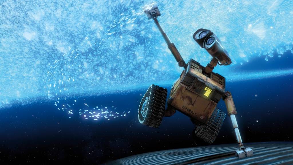 WALL-E floating in space against a cloud of ice crystals.